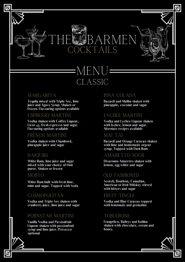The Barmen printed Classic cocktail menu card, black with an art deco border, listing fourteen classic cocktails