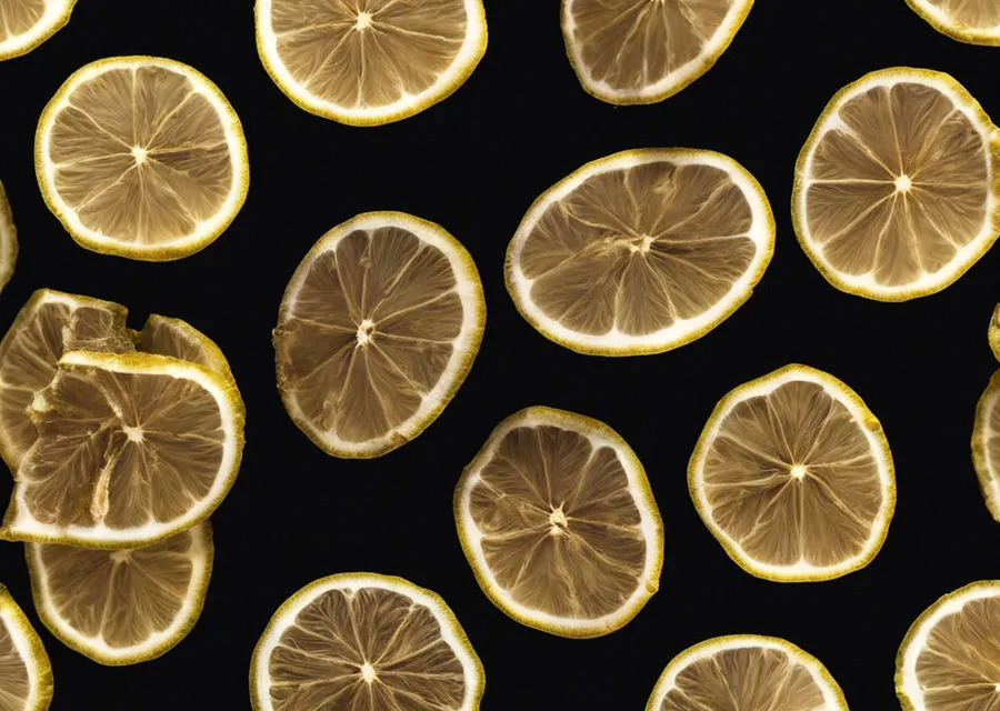Hand-prepared dehydrated lemon wheels scattered on a black surface, backlit so the segments glow golden