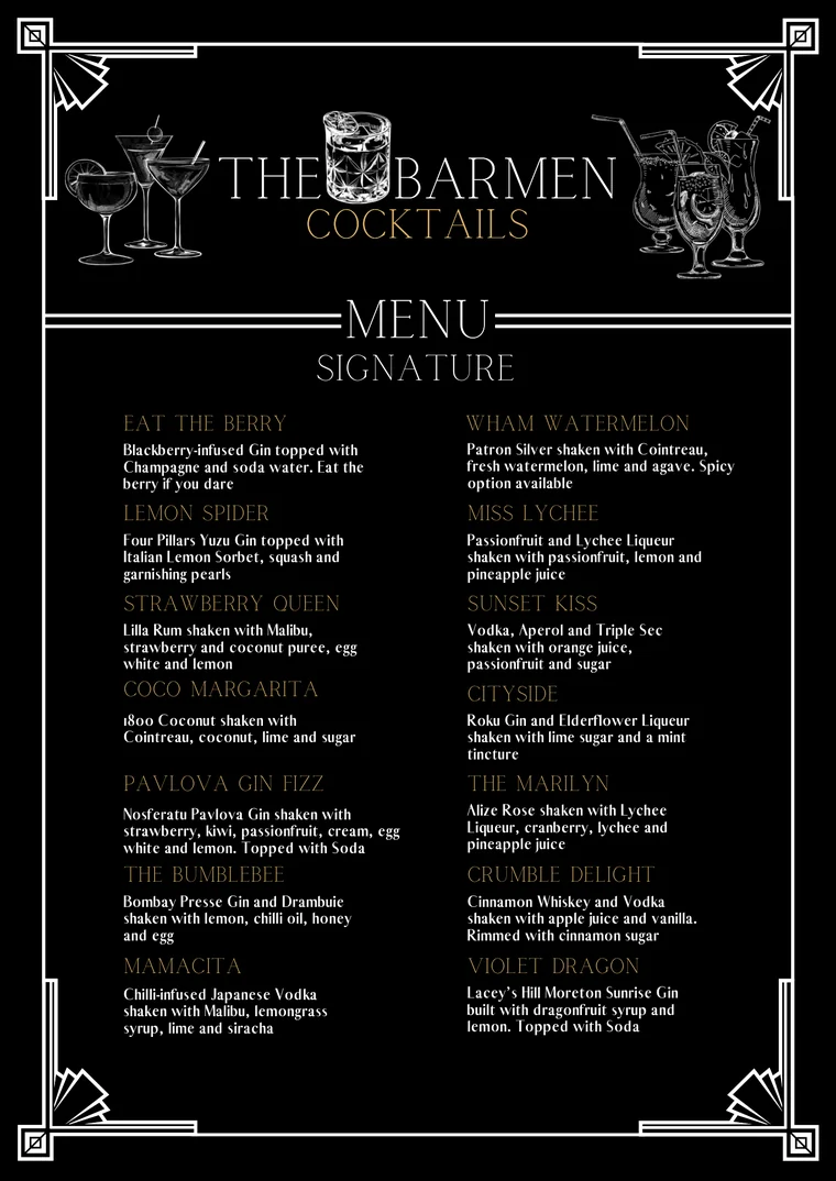The second Barmen Signature menu card, listing fourteen further house creations including Eat The Berry and Wham Watermelon