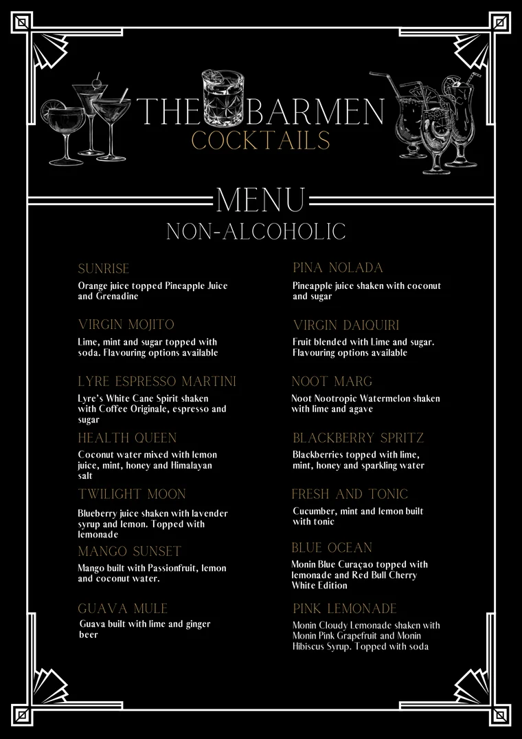 The Barmen printed Non-Alcoholic menu card, black with an art deco border, listing fourteen non-alcoholic cocktails