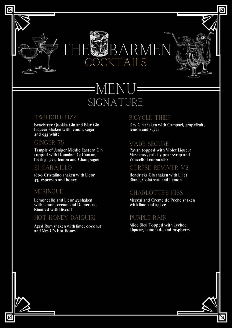The Barmen printed Signature cocktail menu card, black with an art deco border, listing ten house creations including the Twilight Fizz and the Bicycle Thief